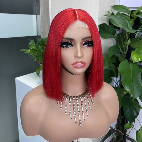 2x6 Red Colored Straight BOB Lace Closure Virgin Human Hair Wig | Human Hair Wig | Lace Front